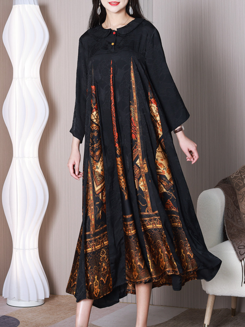 Jacquard Floral Peter Pan Collar Button Front Border Print Panel A-Line Maxi Dress
