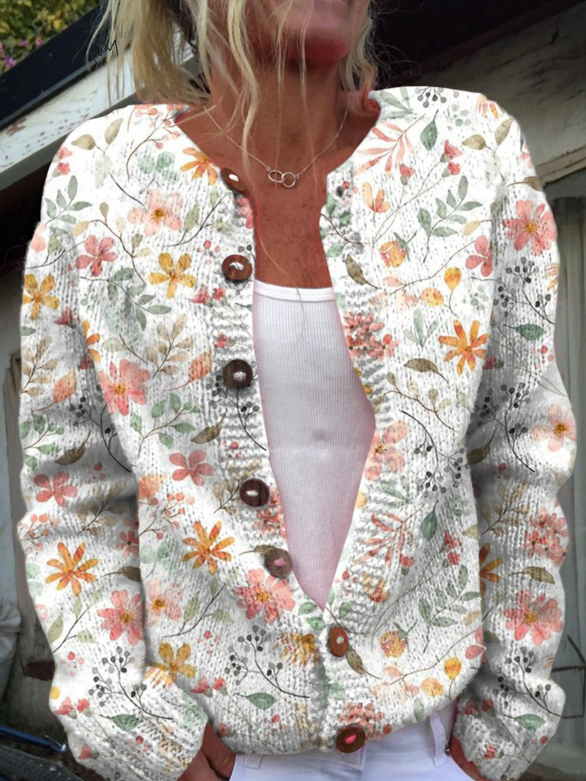 Crew Neck Floral Print Button Front Cardigan
