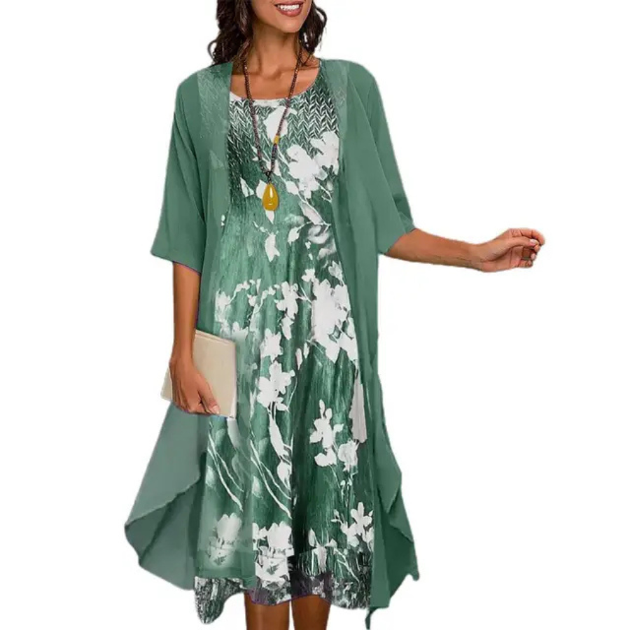 Floral Print Round Neck Open Cardigan Handkerchief Hem Two Piece Set