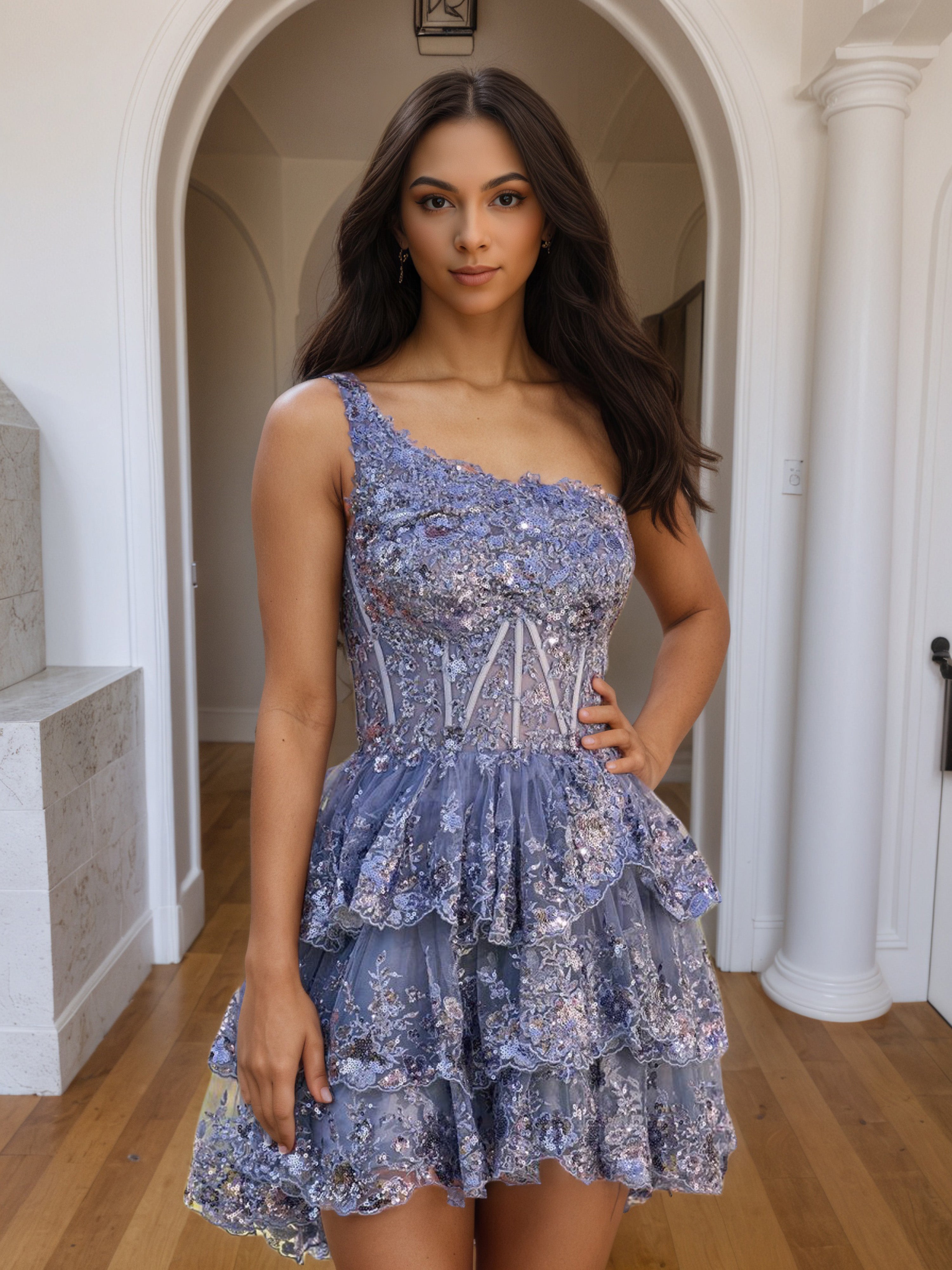 One Shoulder Grey Tiered Lace A Line Homecoming Dress