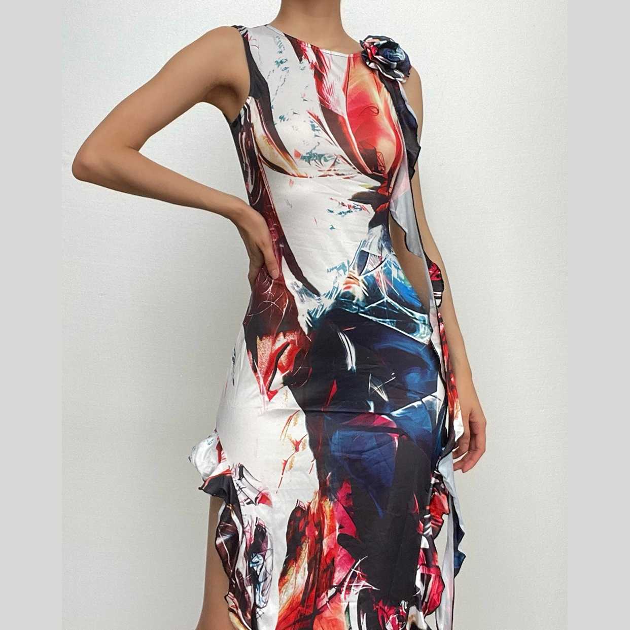 Abstract Print 3D Flower Applique Side Ruffle Sleeveless Maxi Dress