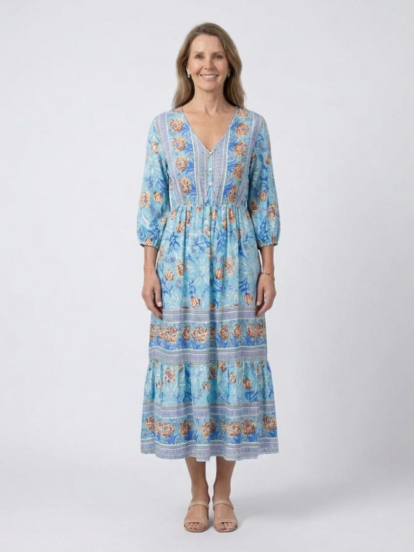 Floral Print V-Neck Three Quarter Sleeve Tiered Boho Midi Dress