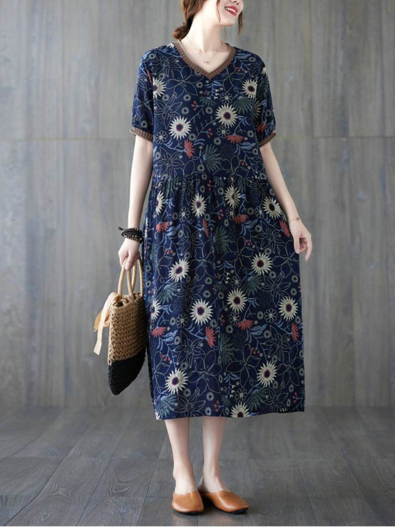 Beautiful summer floral cotton linen Smock slim dress Fit