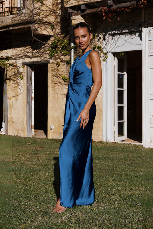 Satin Sleeveless Gathered Waist Column Slip Maxi Dress