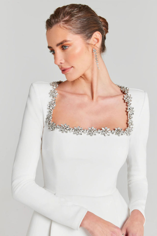 Rhinestone Trim Square Neck Long Sleeve Pleated Pocket Mini Dress