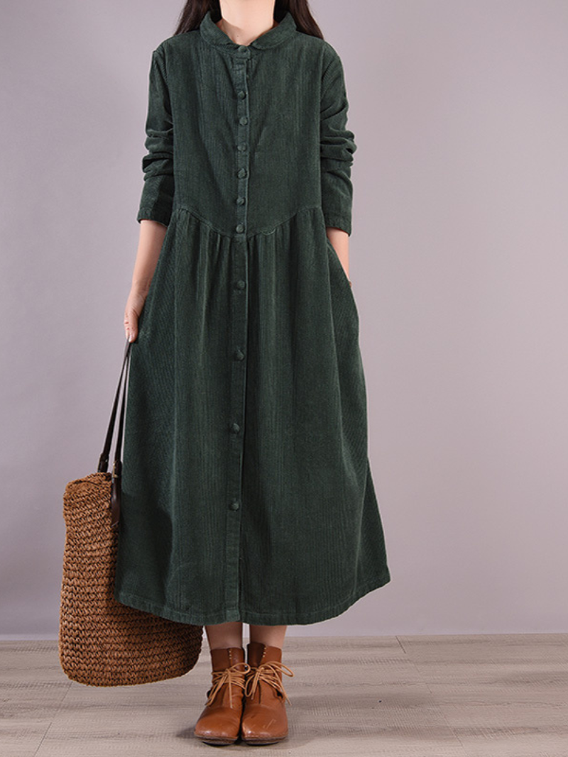 Corduroy Peter Pan Collar Long Sleeve Button Front A-Line Midi Dress