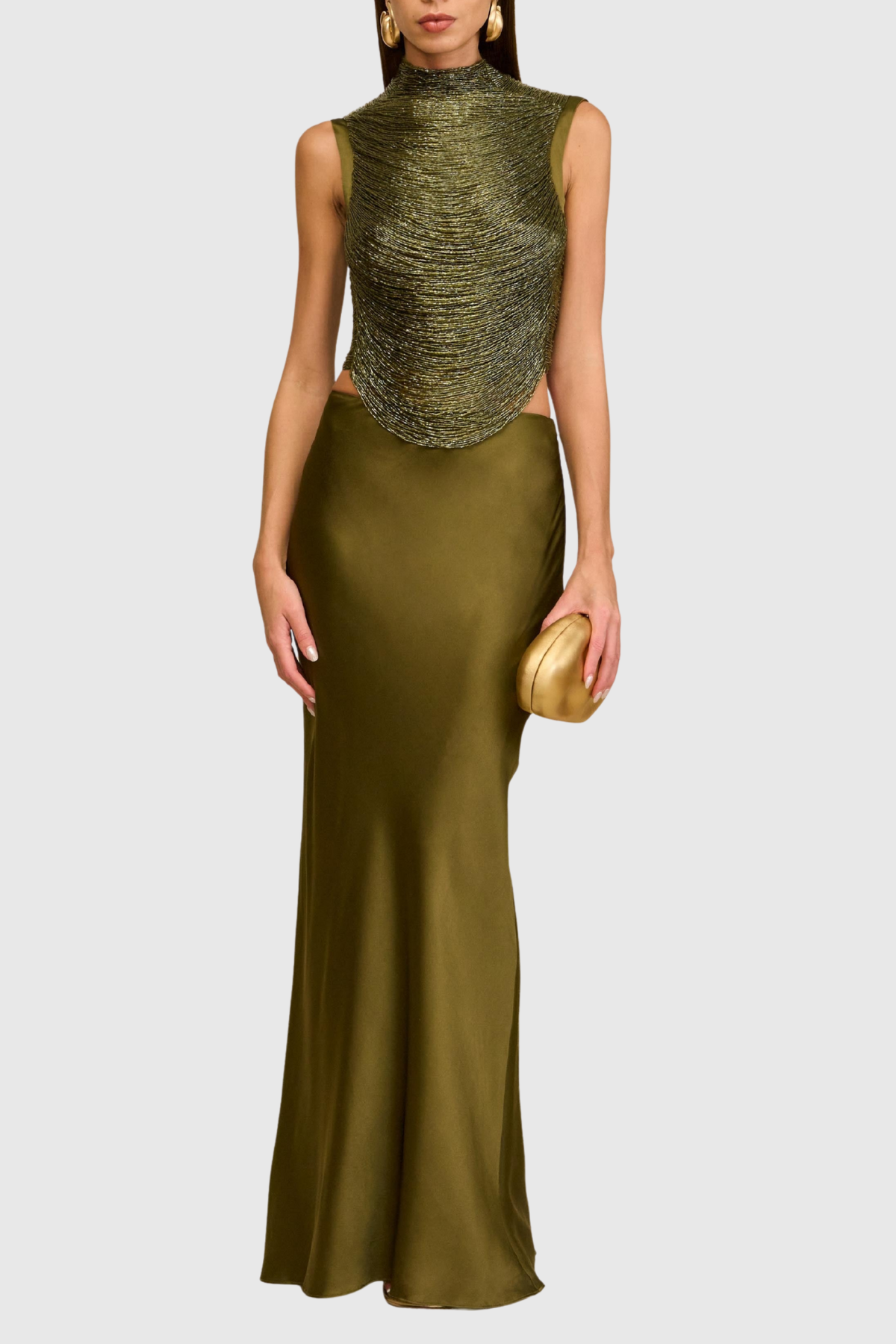 Olive Satin Fringe Two-Piece Set