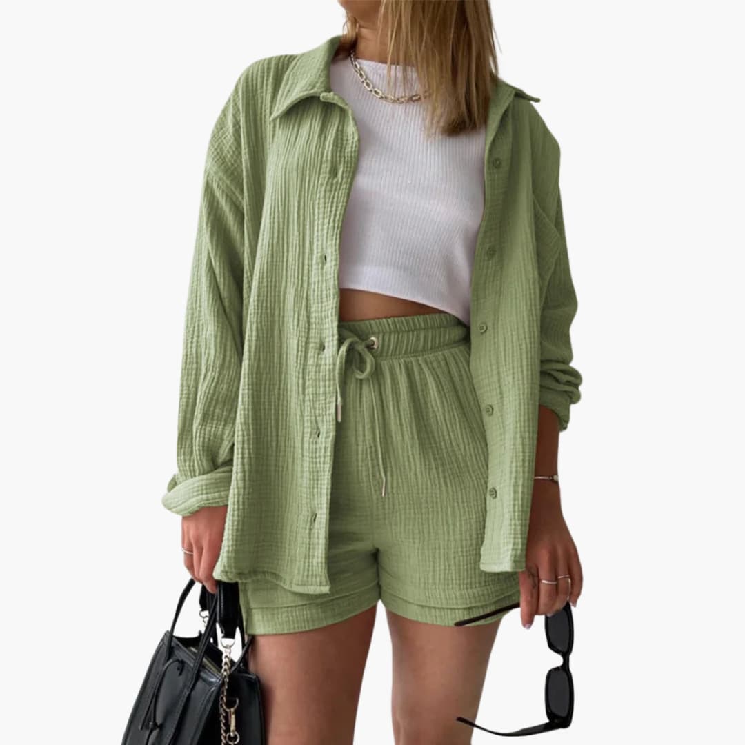 Button Front Shirt and Drawstring Shorts Two Piece Set