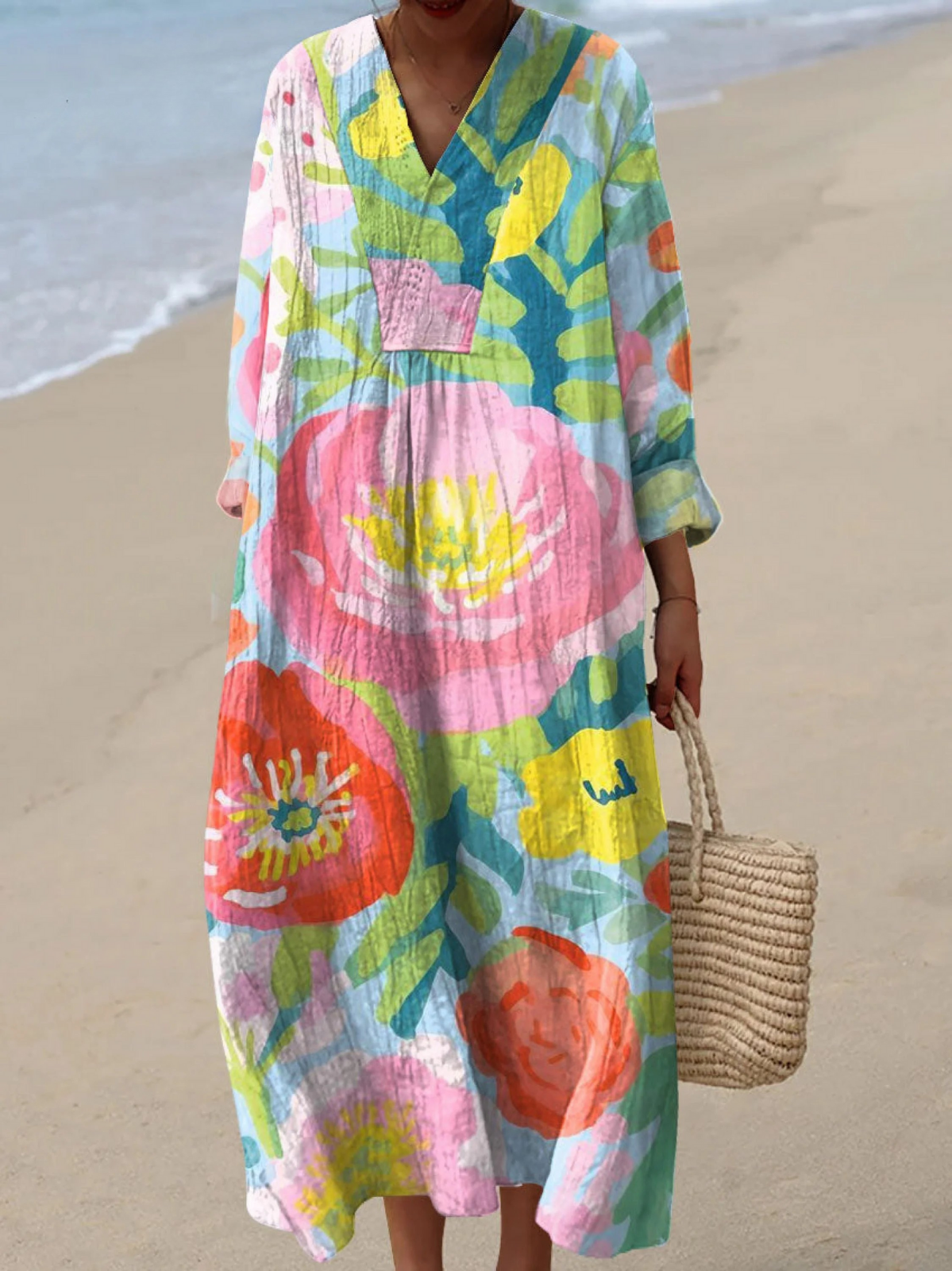 Abstract Floral V-Neck Long Sleeve Maxi Dress