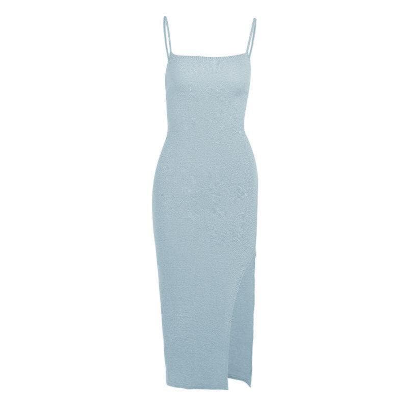 Lace up back slit knitted cami maxi dress - View 7