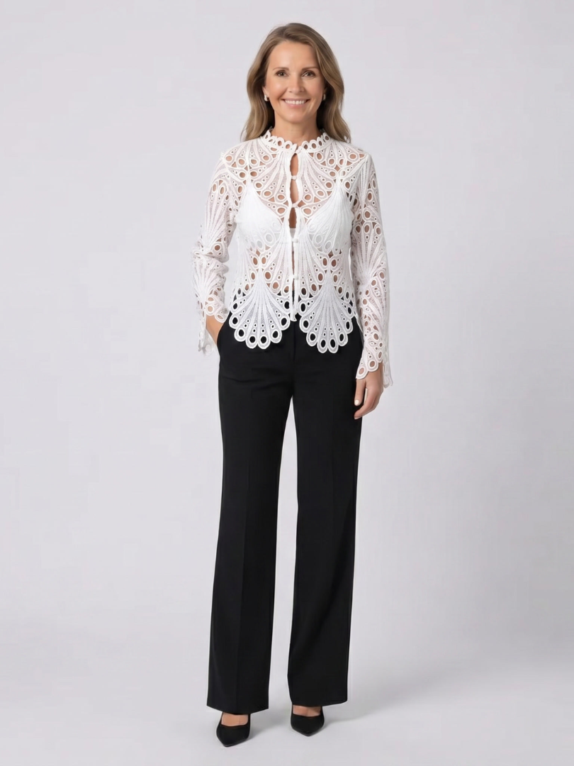 Crochet Lace Long Sleeve Scalloped Hem Blouse