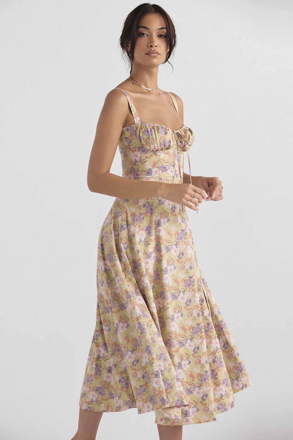 Floral Sweetheart Spaghetti Strap Corset Fit and Flare Midi Dress