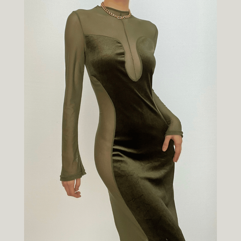 Velvet and Sheer Mesh Panel Crew Neck Long Sleeve Bodycon Maxi Dress
