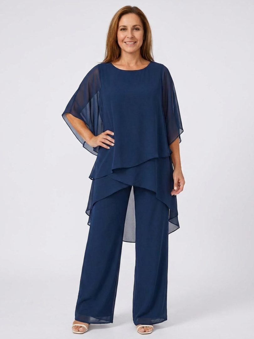 Chiffon Overlay Layered Top and Wide Leg Pants Two Piece Set