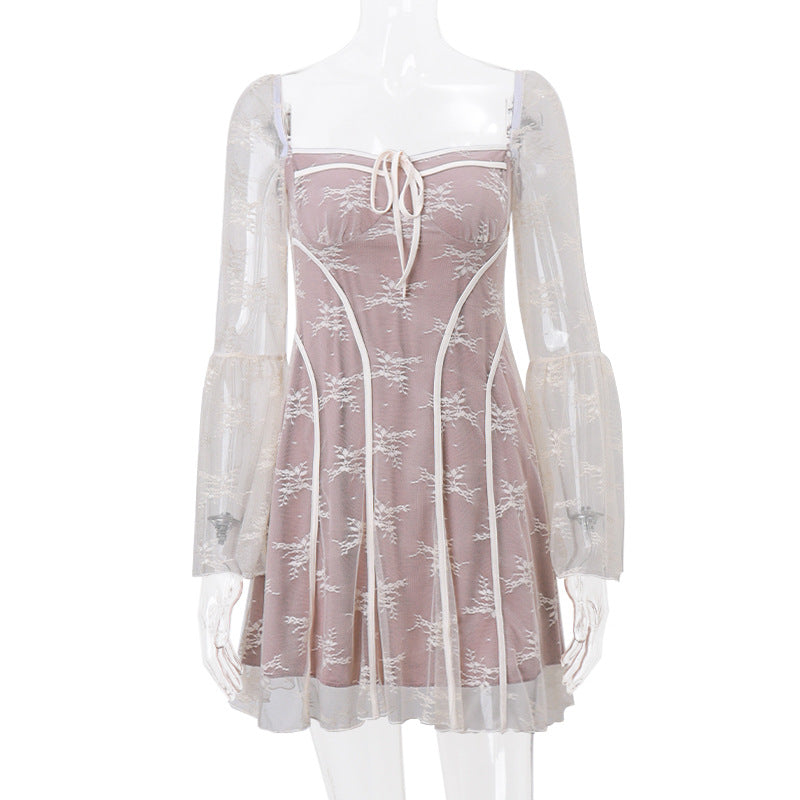 Lace square neck long flared sleeve zip-up ruffle mini dress - View 3