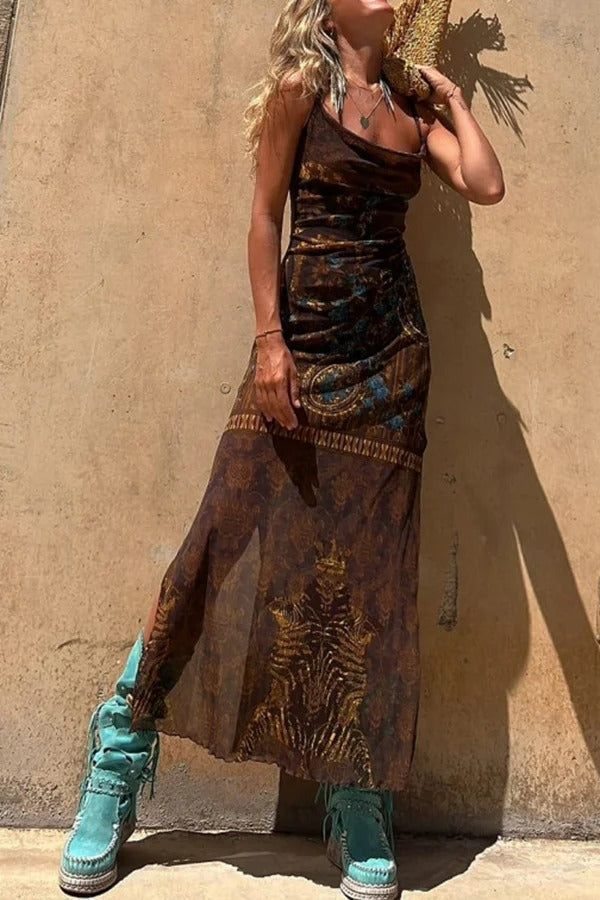 Backless Lace Up Fringe High Split Boho Maxi Dress