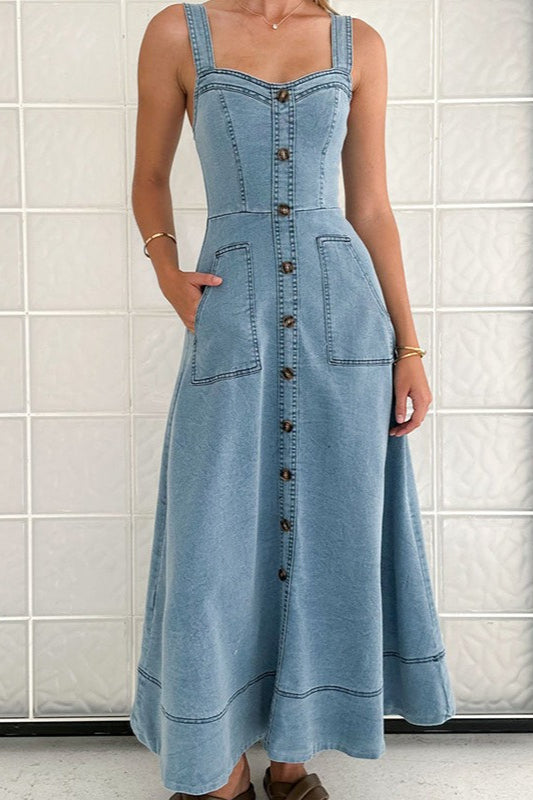 Strappy Edition Backless Maxi Denim Dress