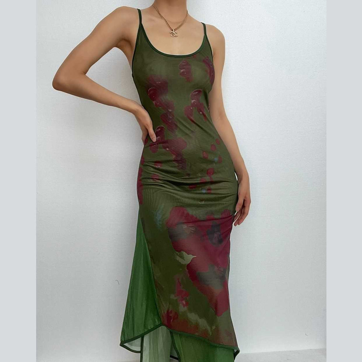 Floral Print Mesh Scoop Neck Cami Asymmetric Hem Maxi Dress