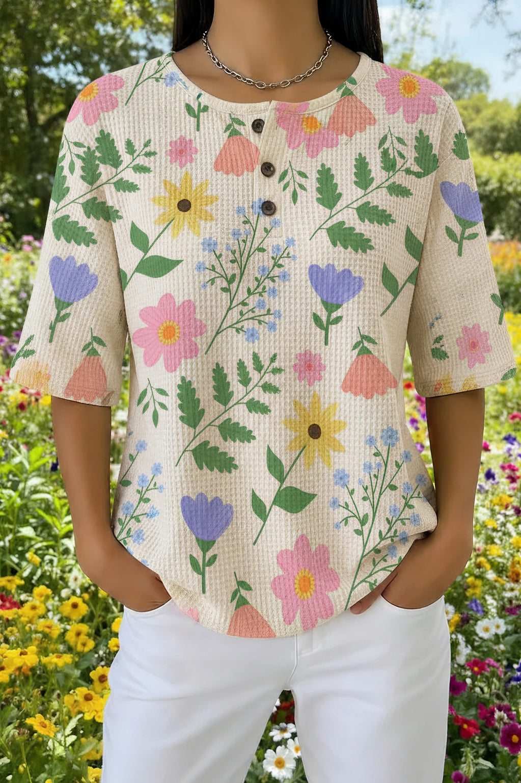 Womens Cream Multi-Color Floral Print Casual Henley Shirt