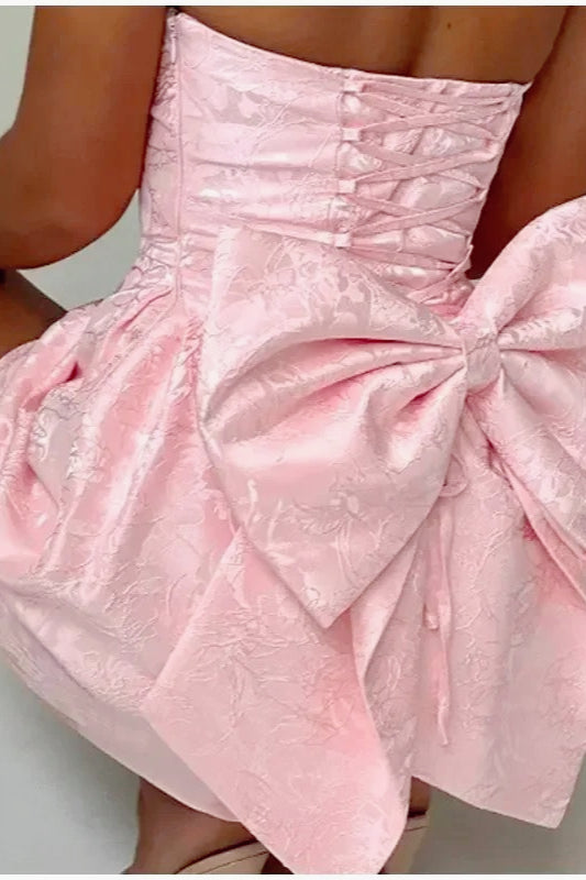Jacquard Strapless Bow Back Fit and Flare Mini Dress