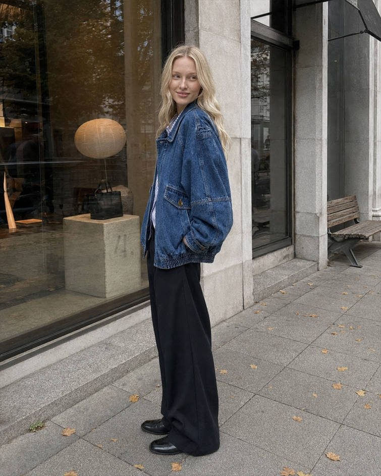 Stand Collar Washed Denim Utility Jacket