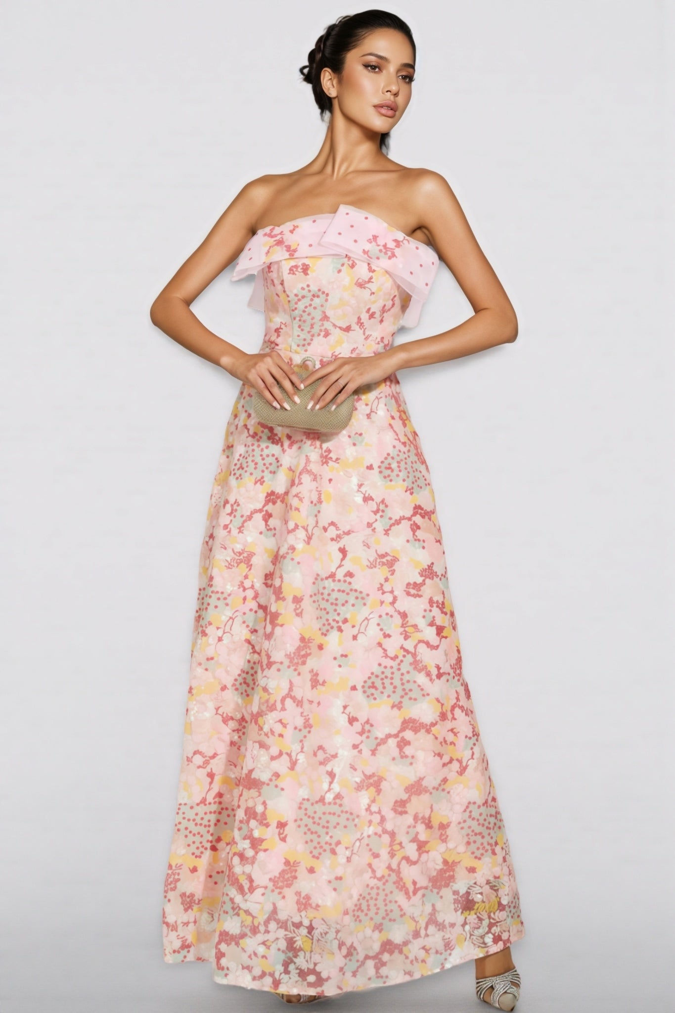 Floral Organza Strapless Corset A-Line Maxi Gown