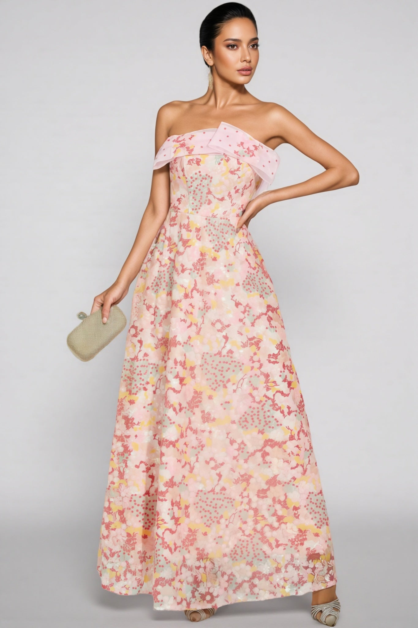 Floral Organza Strapless Corset A-Line Maxi Gown
