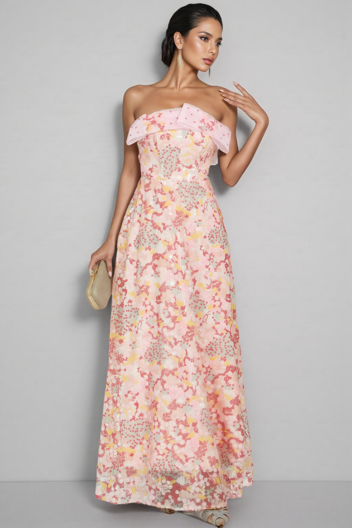 Floral Organza Strapless Corset A-Line Maxi Gown
