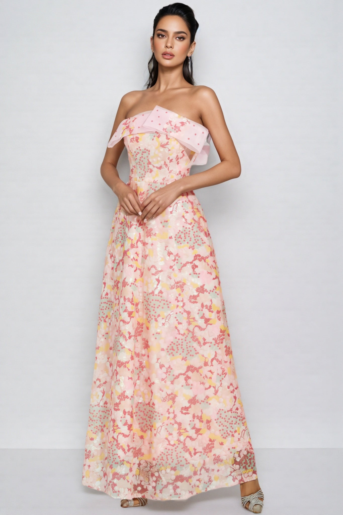 Floral Organza Strapless Corset A-Line Maxi Gown