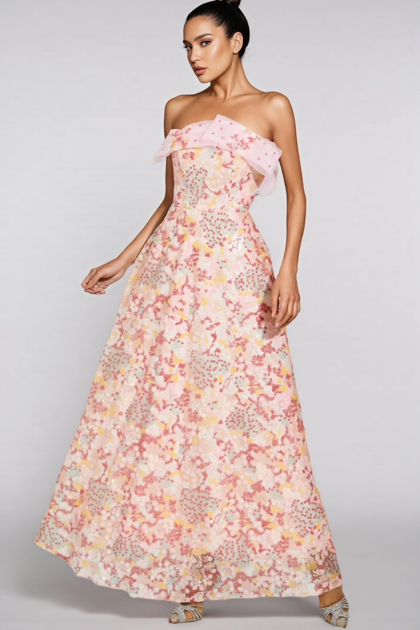 Floral Organza Strapless Corset A-Line Maxi Gown