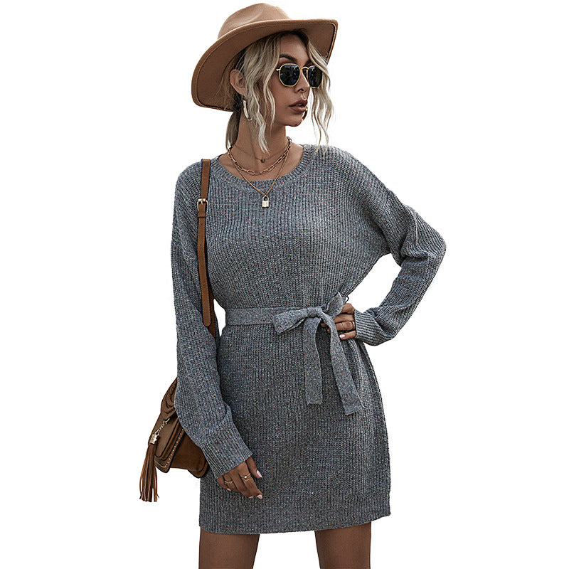 Ribbed Knit Long Batwing Sleeve Crew Neck Tie Belt Mini Sweater Dress