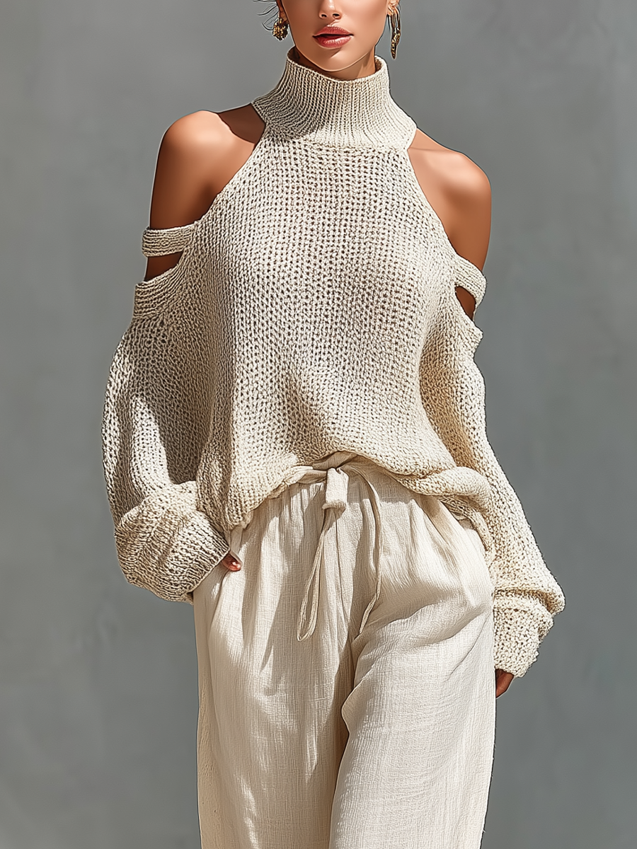 MARIA | Knit Fabric Cold-Shoulder Turtleneck Top & Wide-Leg Pants Set
