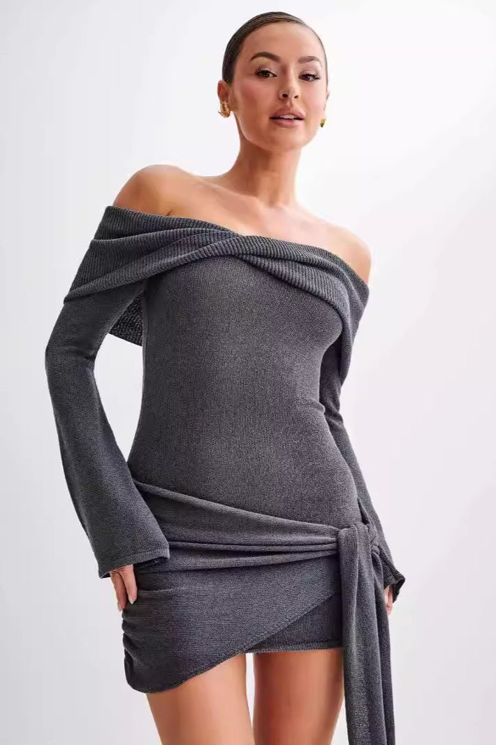 Off Shoulder Long Sleeve Knit Fold Over Tie Waist Mini Dress