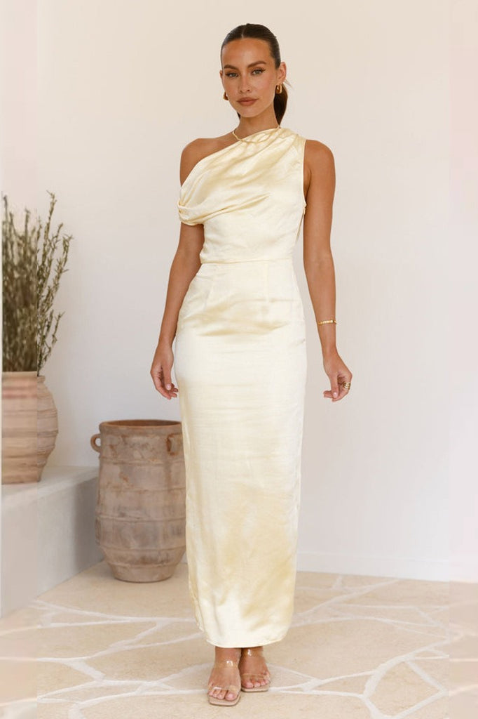Satin One Shoulder Draped Column Maxi Dress