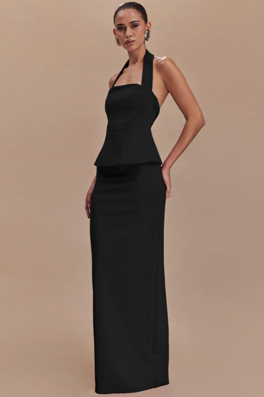 Halter Neck Backless Peplum Maxi Gown - View 2