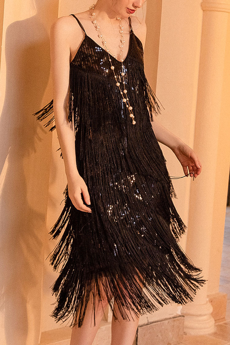 Sequin V-Neck Fringe Mini Dress in Black - View 2
