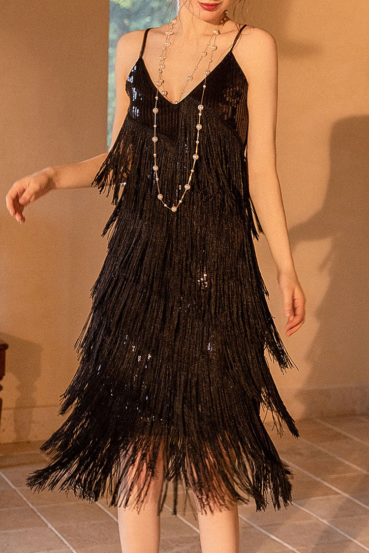 Sequin V-Neck Fringe Mini Dress in Black - View 3