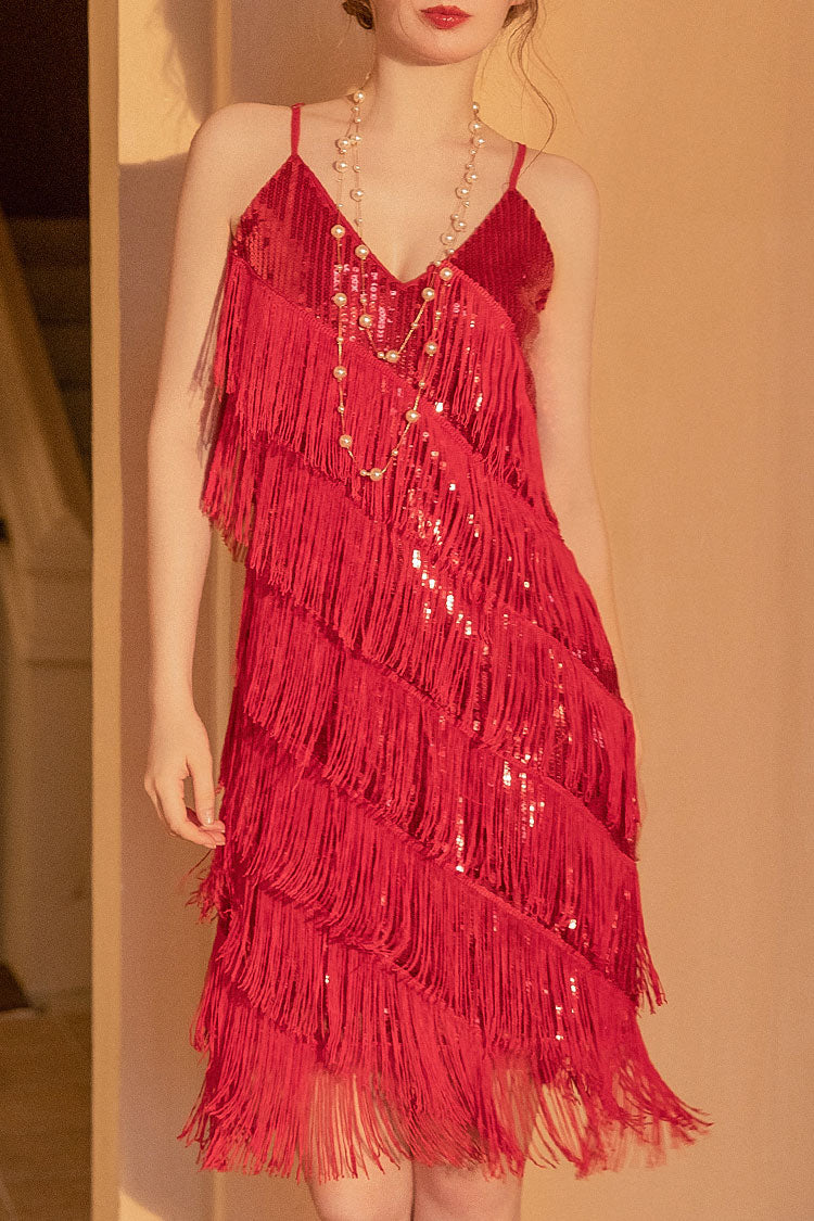 Sequin V-Neck Fringe Mini Dress