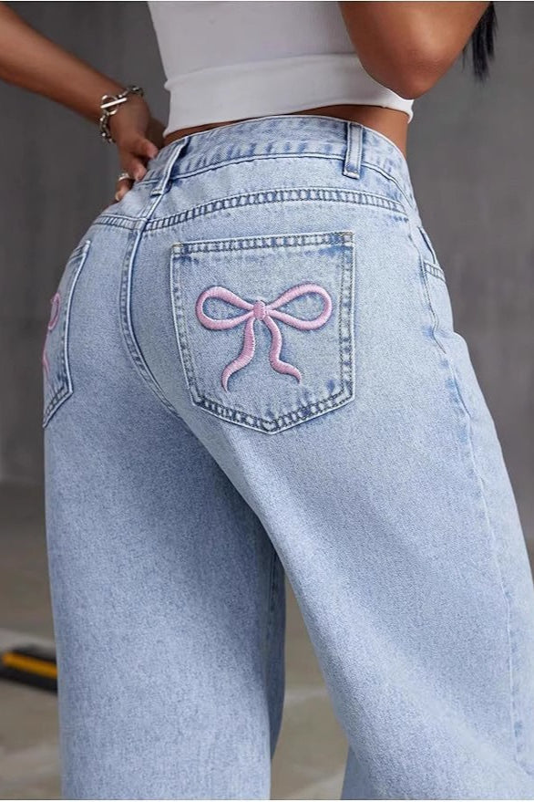 Y2K Bow Embroidered High Waist Straight Loose Jeans