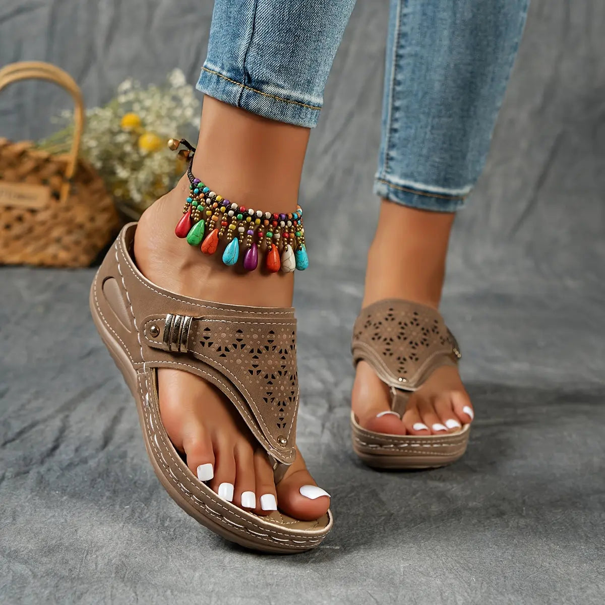 Cut Out Floral Thong Wedge Sandals