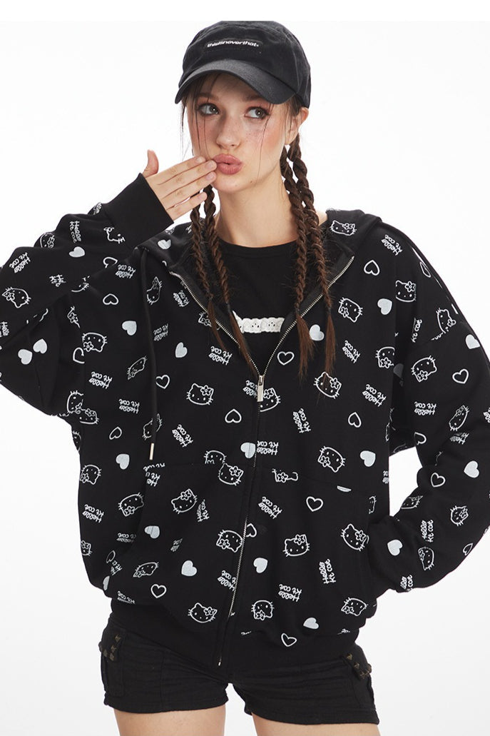 Loose Cat Print Zip Hoodie