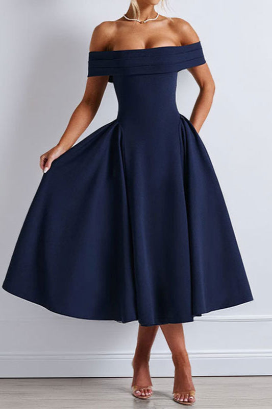 OffShoulder WaistCinched Solid Party Dress