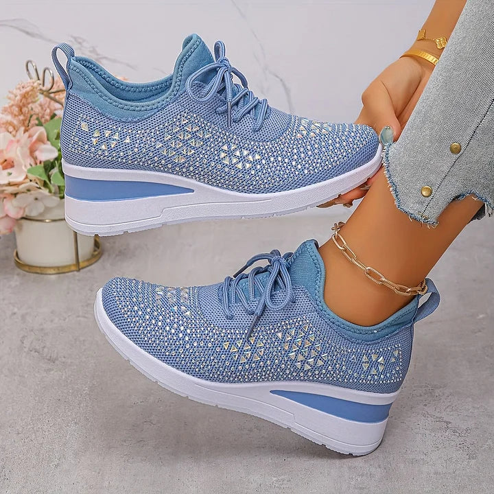 Rhinestone Mesh Lace Up Wedge Sneakers