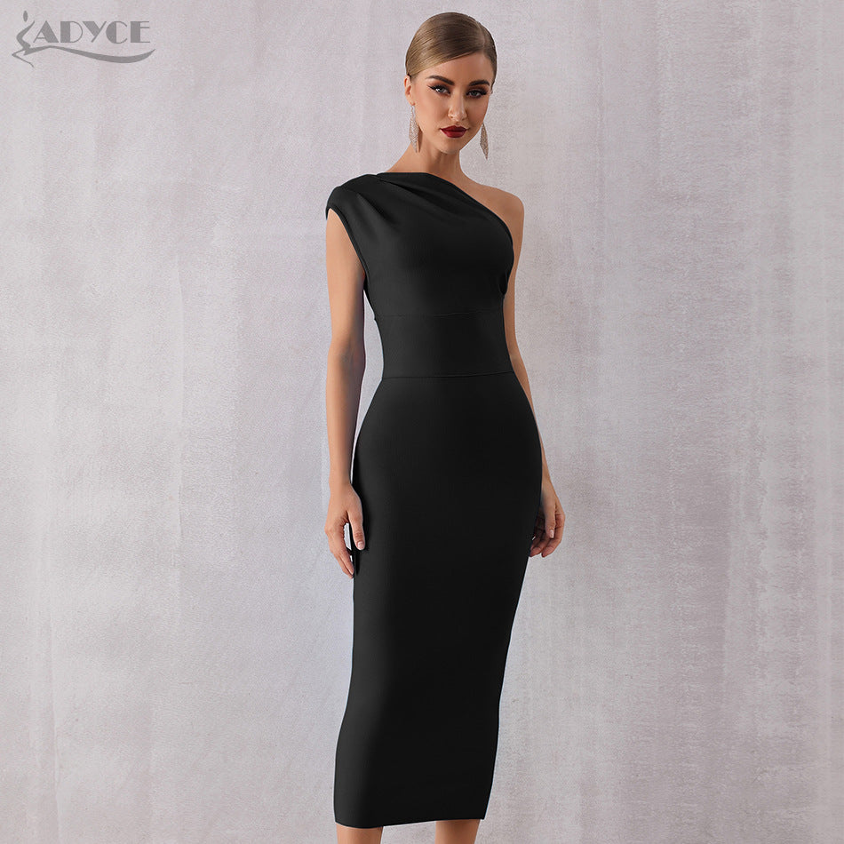 One Shoulder Ruched Bandage Bodycon Midi Dress