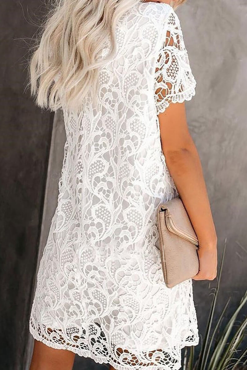 Floral Lace Overlay Short Sleeve Scoop Neck Shift Mini Dress