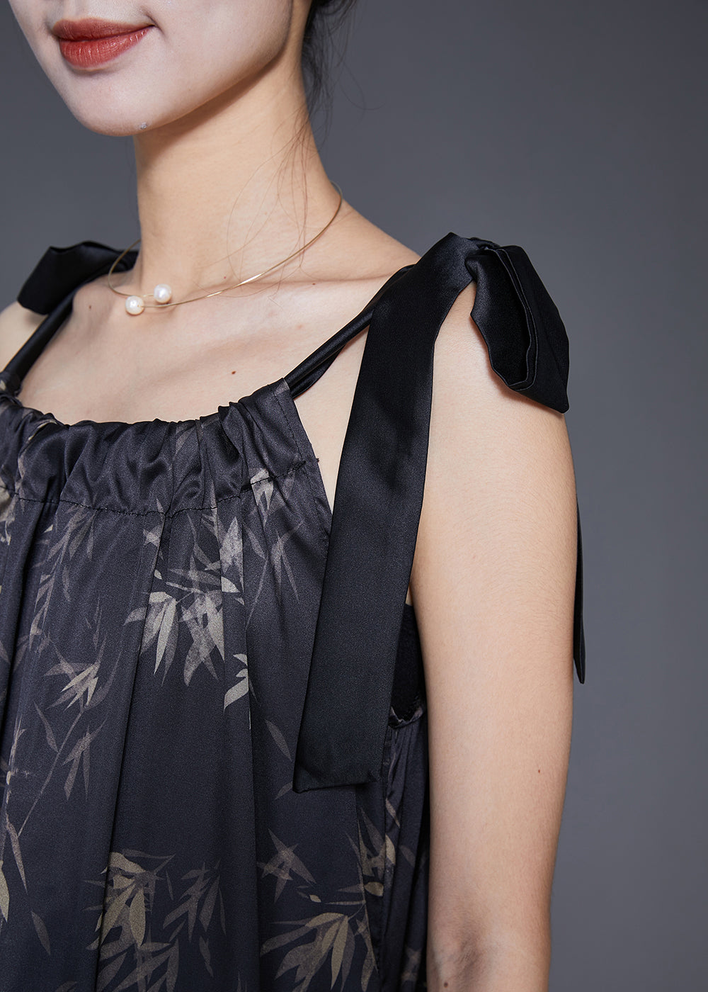 Bamboo Leaf Print Gathered Neck Bow Tie Strap Pocket Flap Sleeveless Maxi Dress