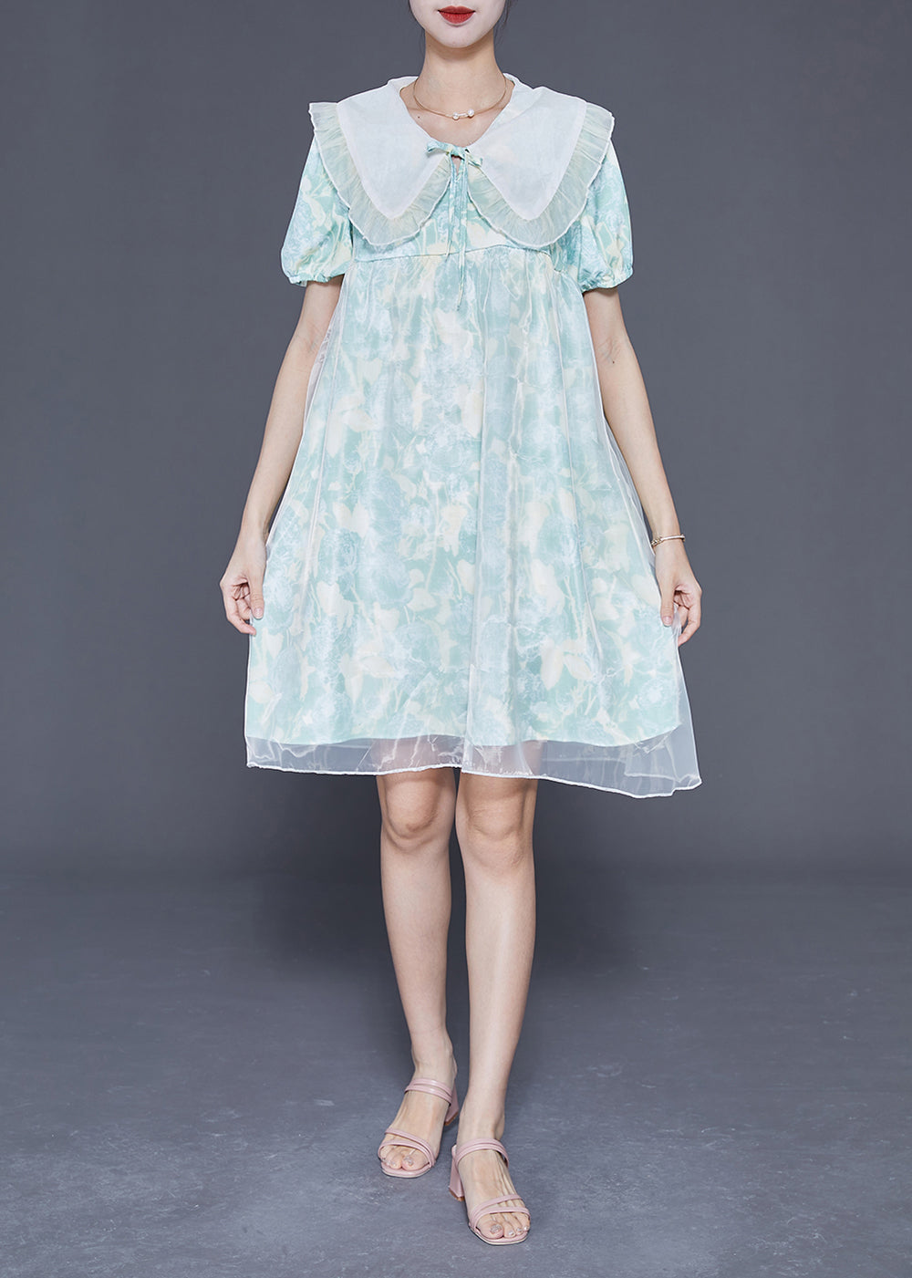 Floral Print Peter Pan Collar Puff Sleeve Sheer Overlay Babydoll Mini Dress