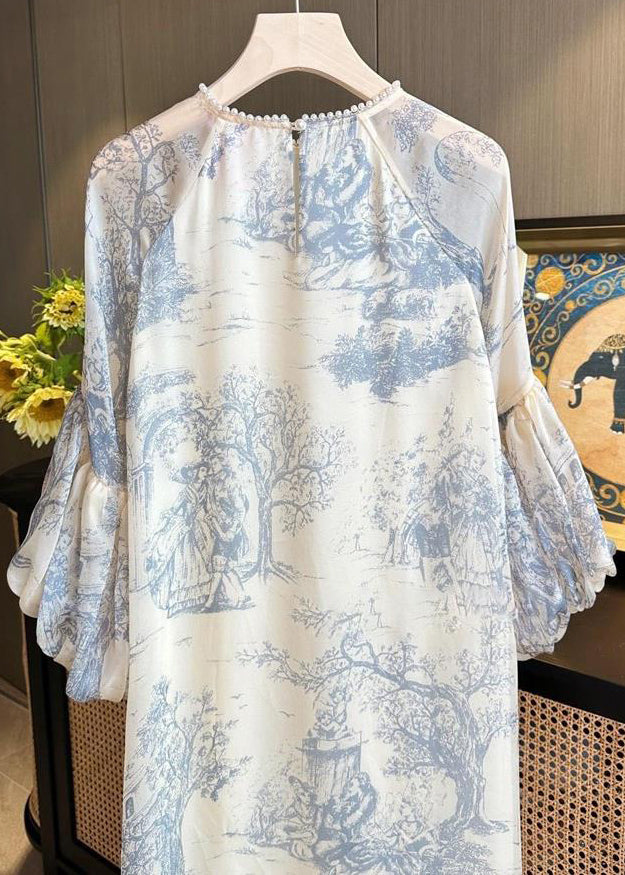Toile Print Pearl Trim Crew Neck Balloon Sleeve Tiered Ruffle Chiffon Midi Dress