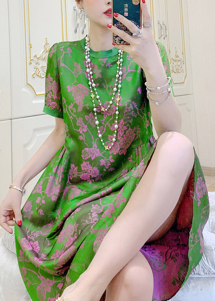 Floral Jacquard Round Neck Short Sleeve Pleated Waist Midi Dress