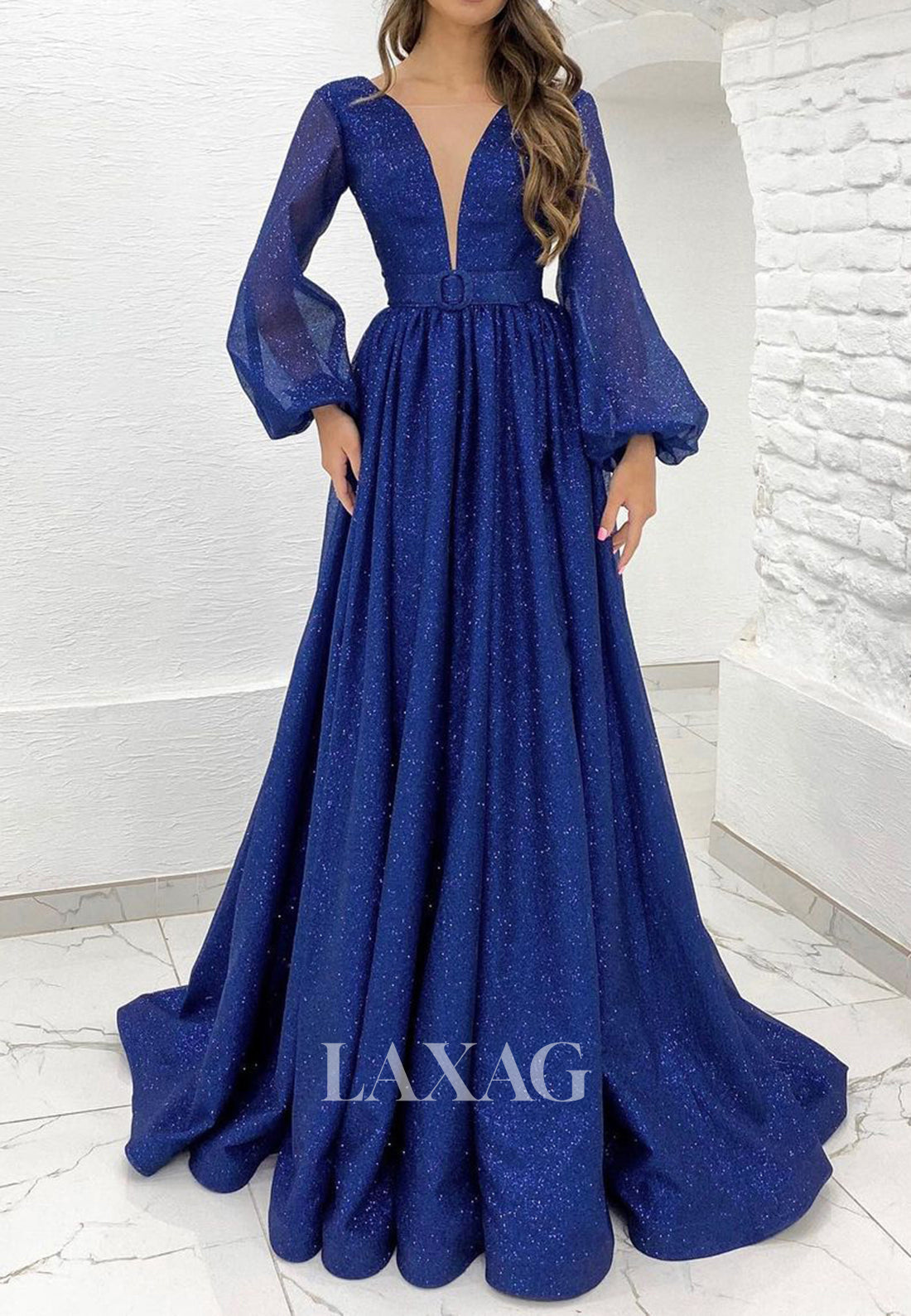 Deep V-Neck Long-Sleeves Sparkly Prom Dress Glitter-Tulle Pleated Floor-Length Party Gowns